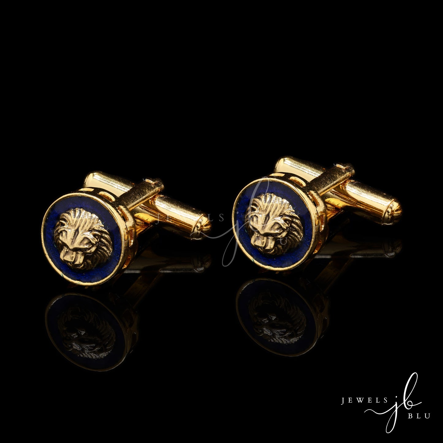 Navy Blue Enamel Gold Finish Lion Face Cuff Link Pair