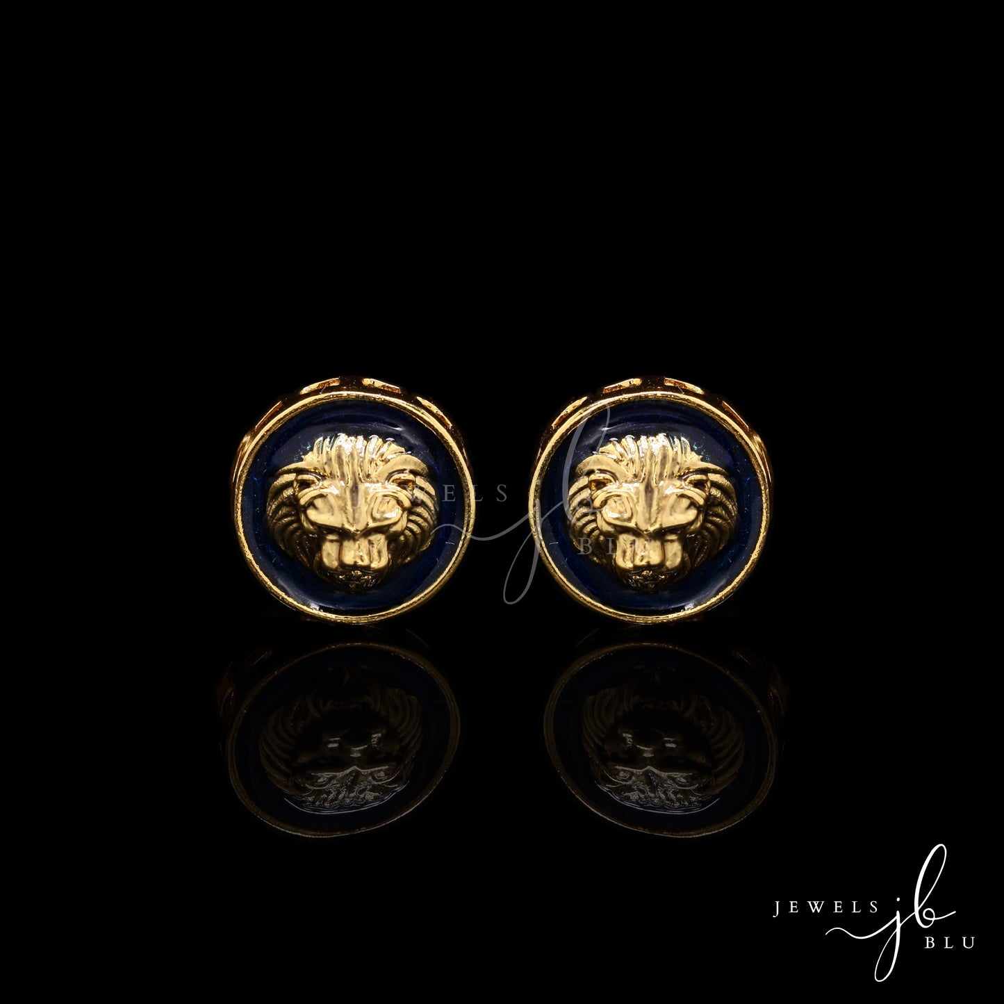 Navy Blue Enamel Gold Finish Lion Face Cuff Link Pair