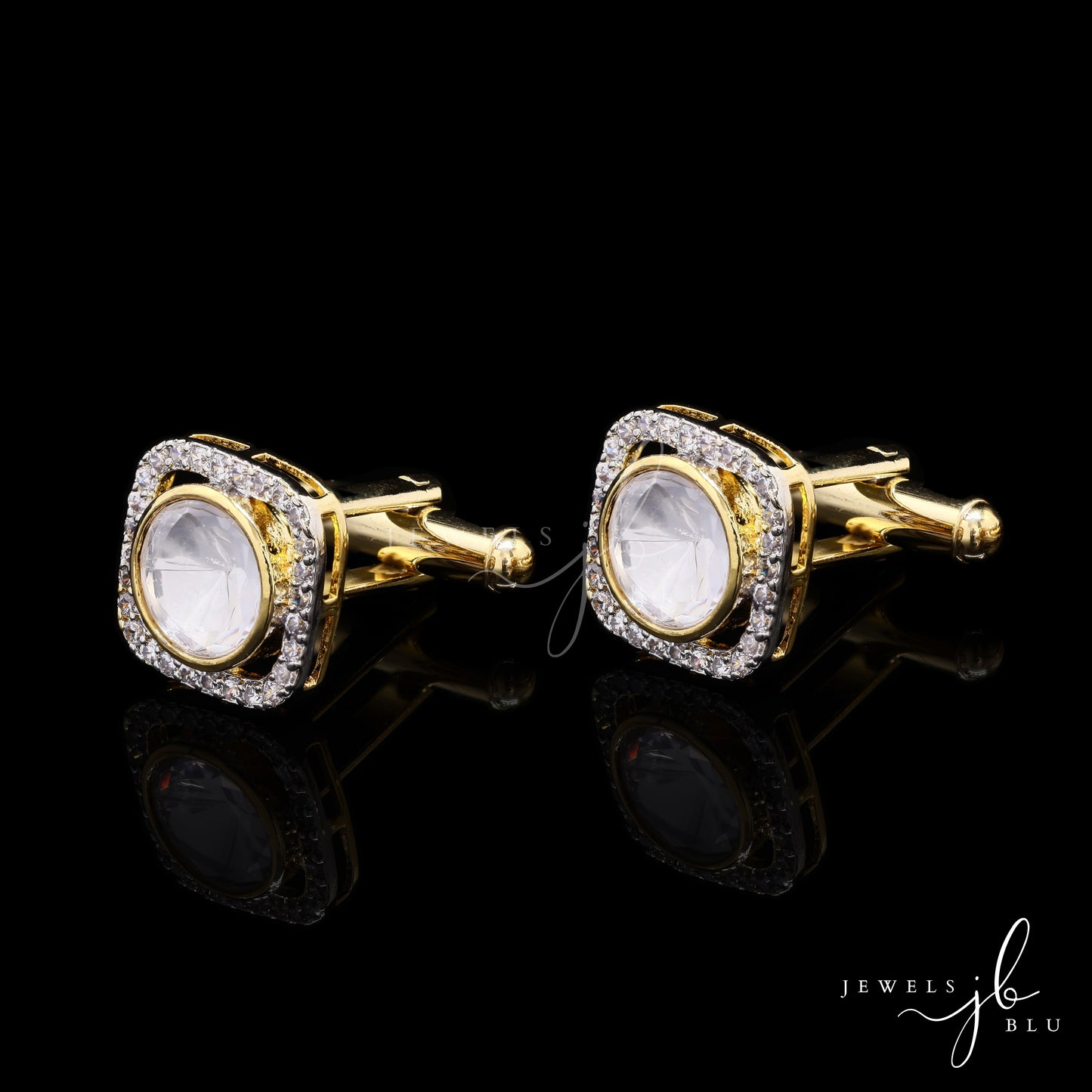 Square Gold Finish Polki Diamond Mens Cuff Link with Diamond Cluster