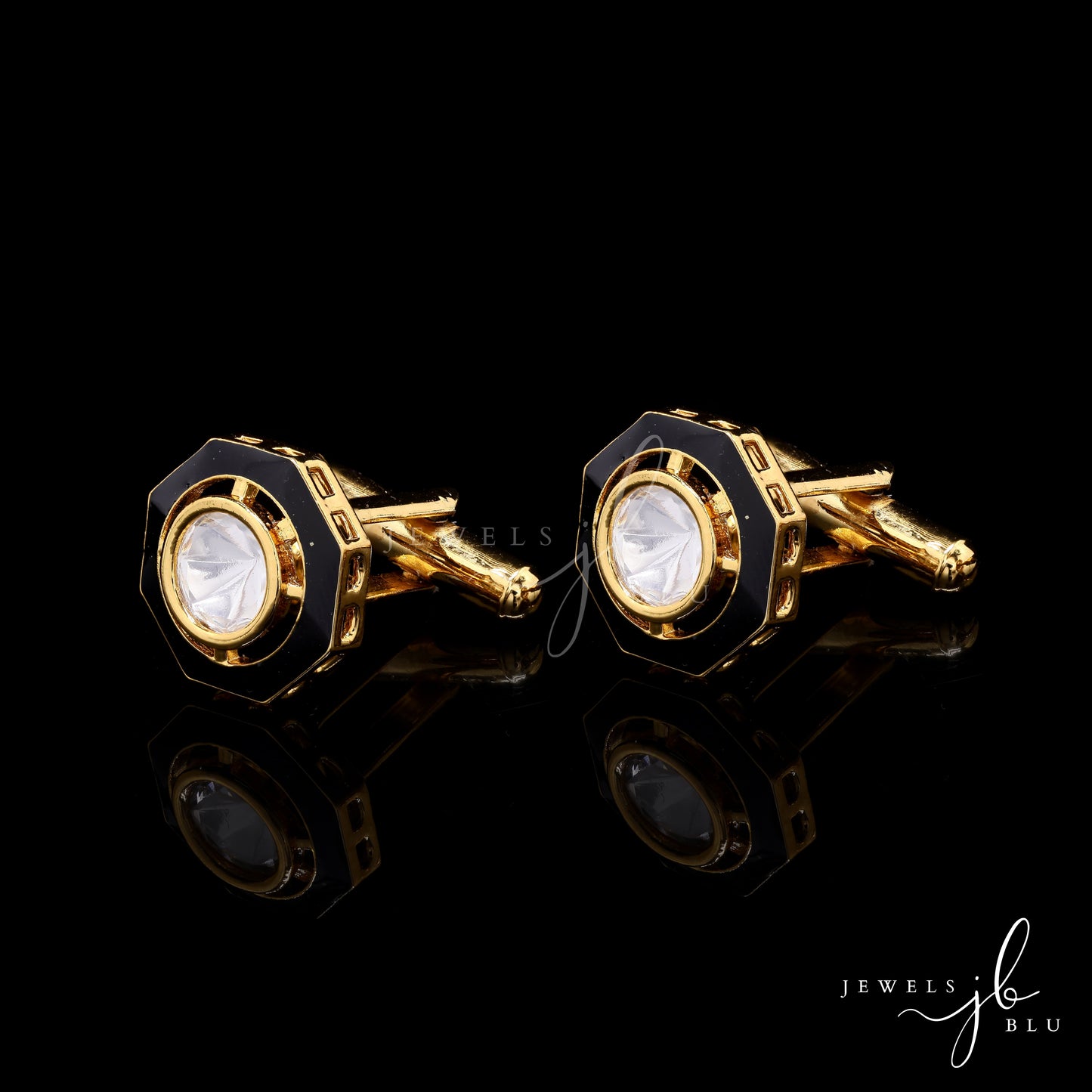 Black Enamel Gold Finish Mens Polki Cuff Link Pair