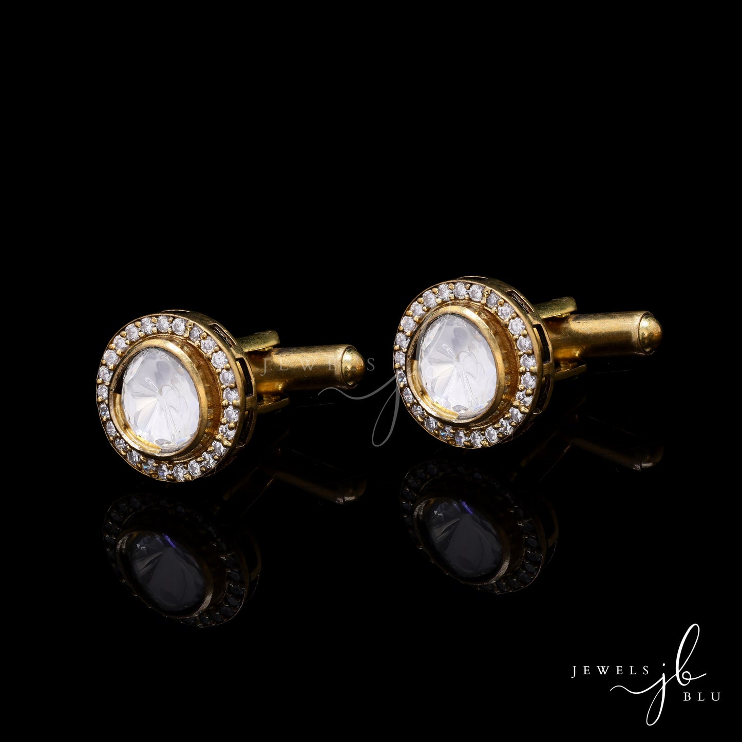 Classic Polki Gold Finish with Diamond Cluster Mens Cuff Link Pair
