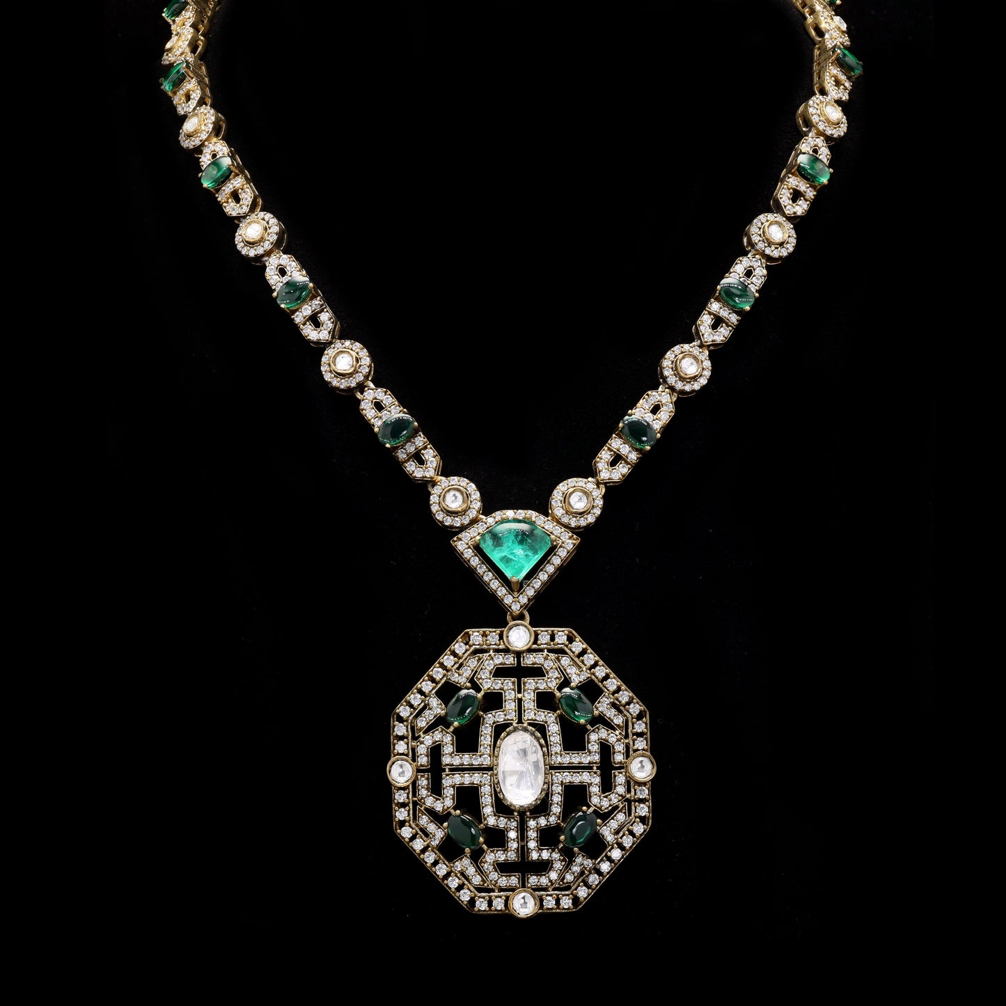 Antique Finish Victoria Emerald Polki and Diamond Necklace Set with Earrings
