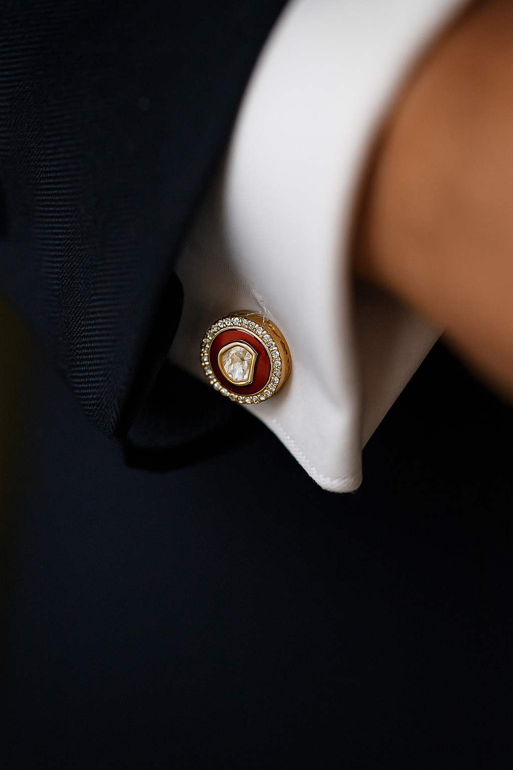 Glazed Red Enamel Gold Finish Polki Diamond Mens Cuff Link with Diamond Cluster