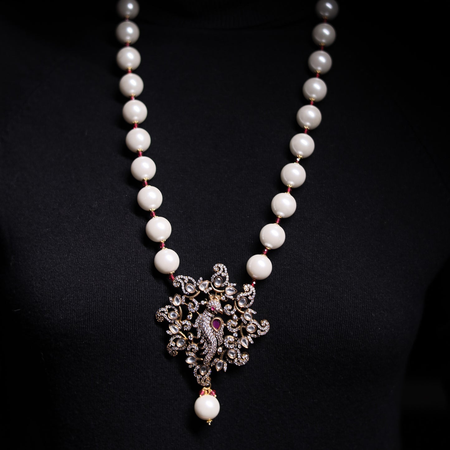 White Pearl Antique Finished Peacock Pendant Long Necklace