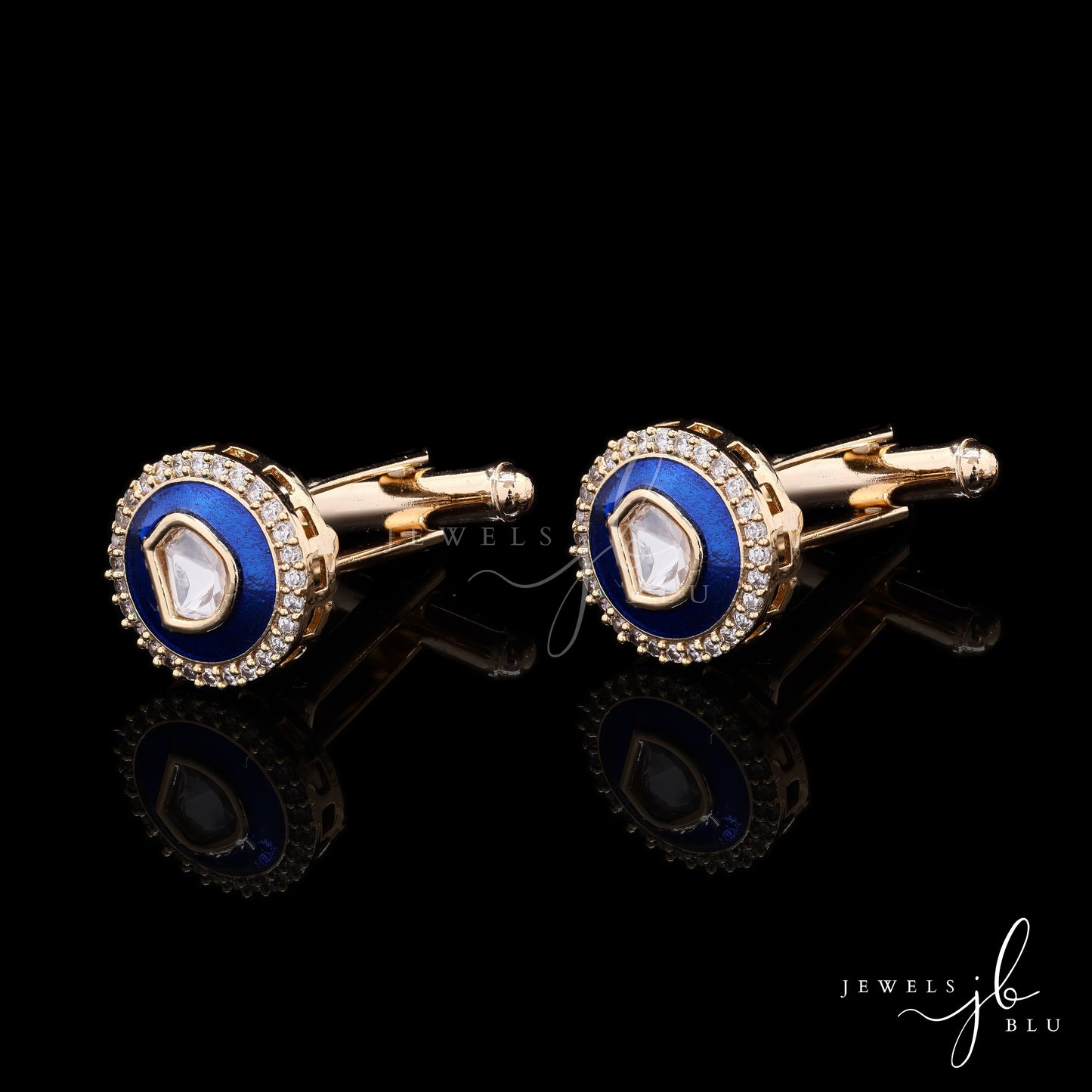 Peacock Blue Enamel Bezel Setting Polki Diamond Mens Gold Finish Cuff Link Pair