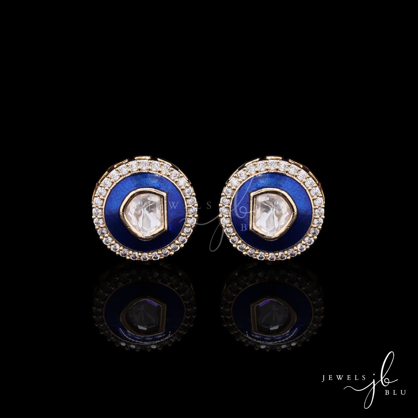 Peacock Blue Enamel Bezel Setting Polki Diamond Mens Gold Finish Cuff Link Pair