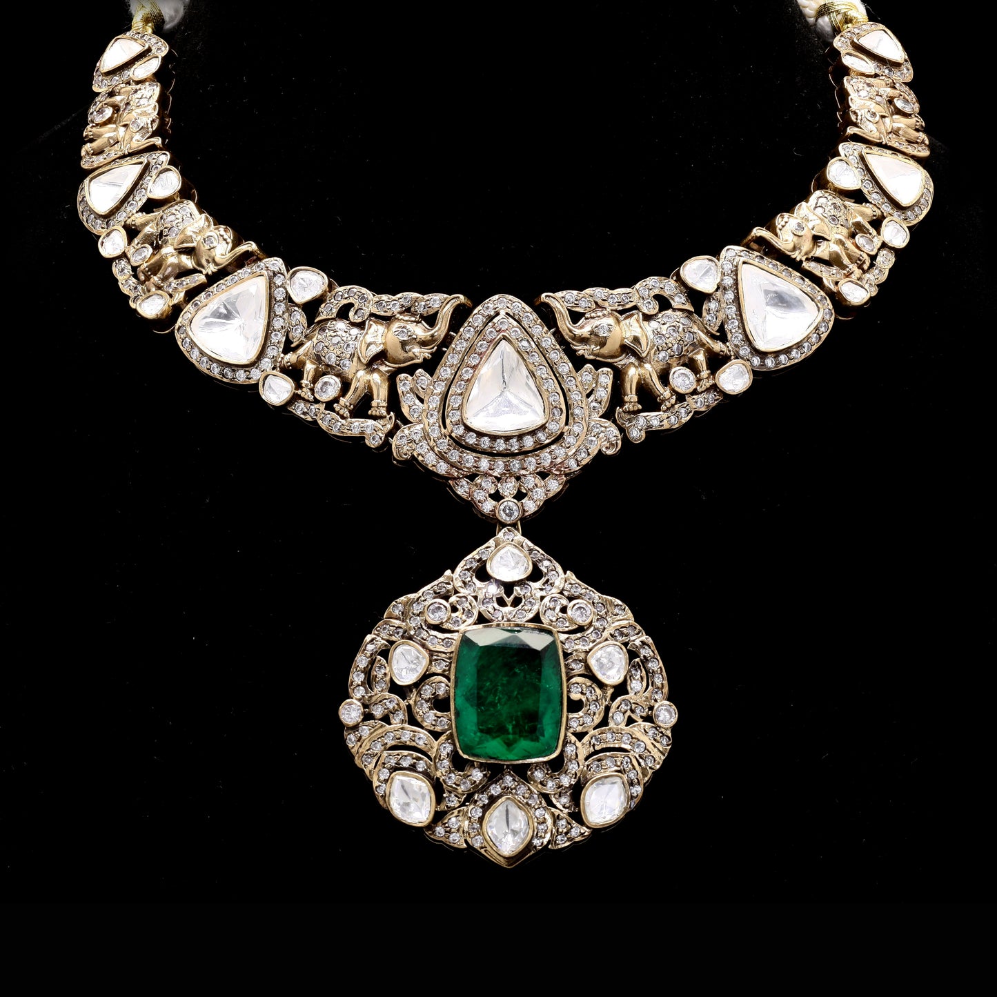 Antique Finish Polki and Emerald Statement Dulari Bridal Necklace Set with Earrings