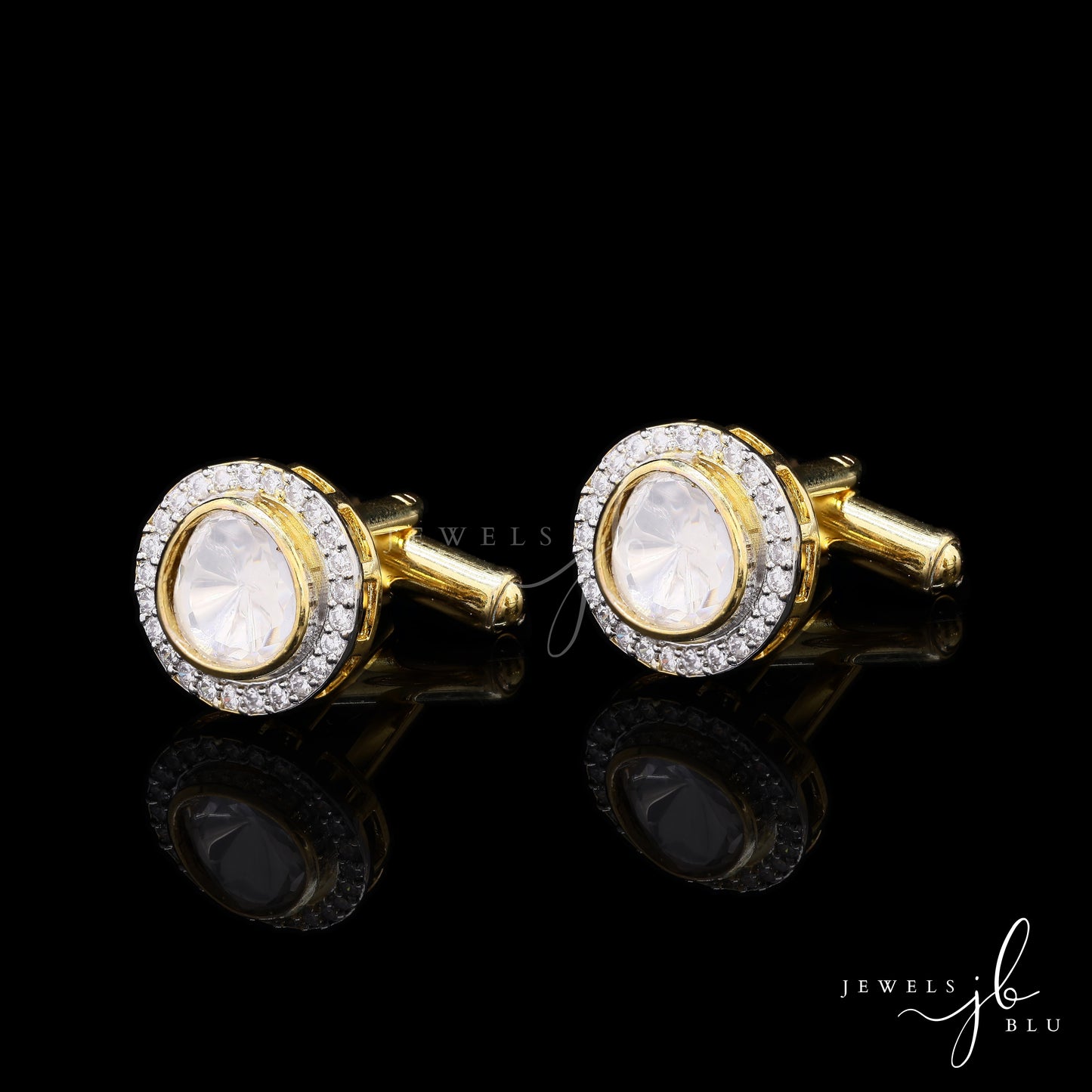 Gold Finish Polki Diamond Bezel Setting Mens Cuff Link Pair with Diamond Cluster