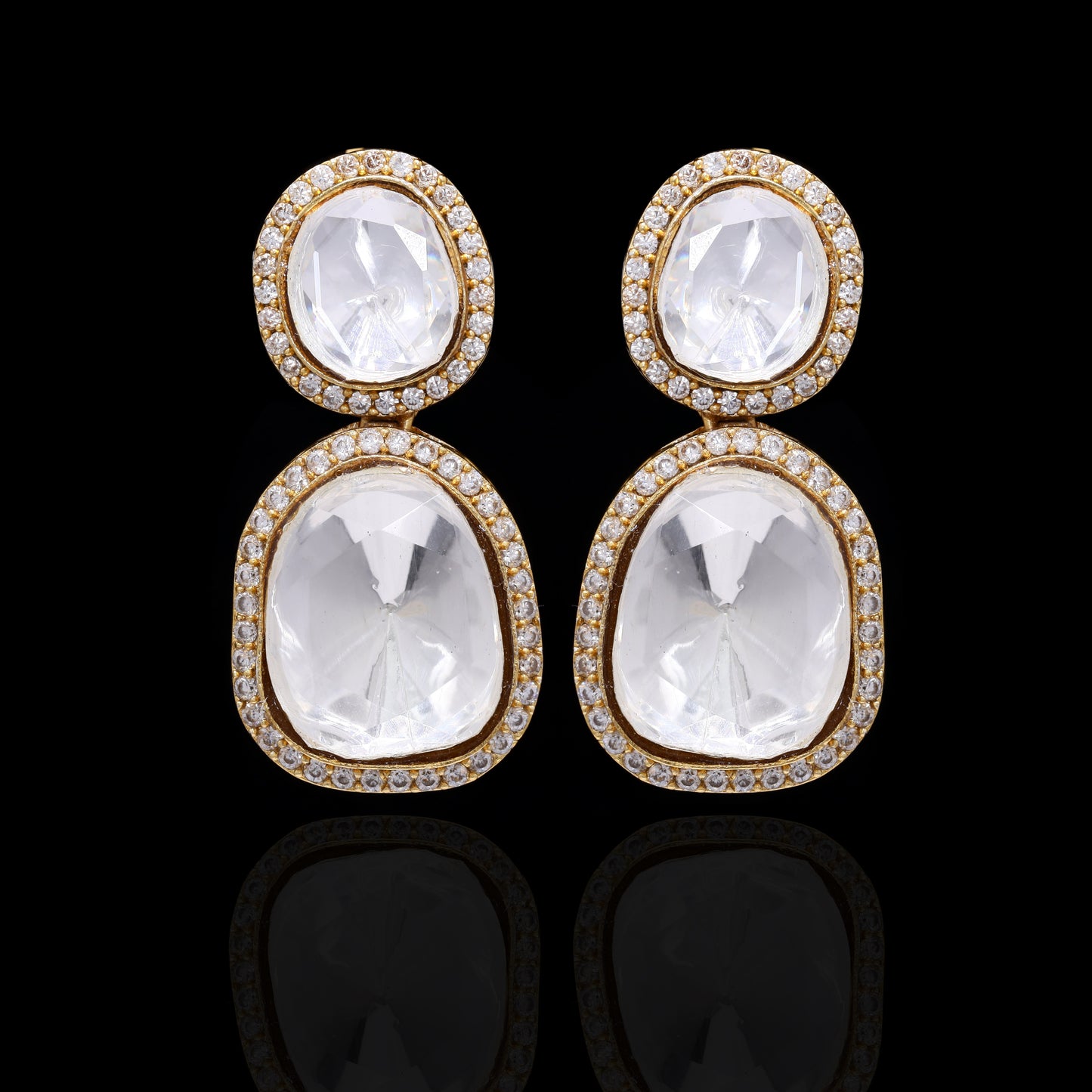 Gold Finish Double Layered Polki Ikkat Earrings