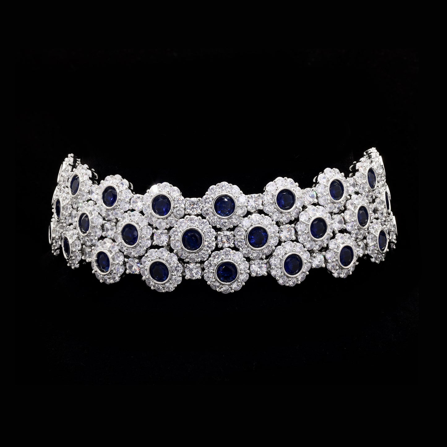 Blue Sapphire and Diamond Premium Party Choker Necklace Set with Earrings