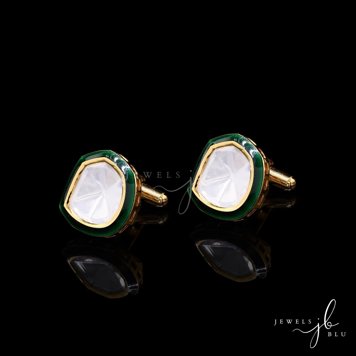 Emerald Green Enamel Gold Finish Polki Mens Cuff Links