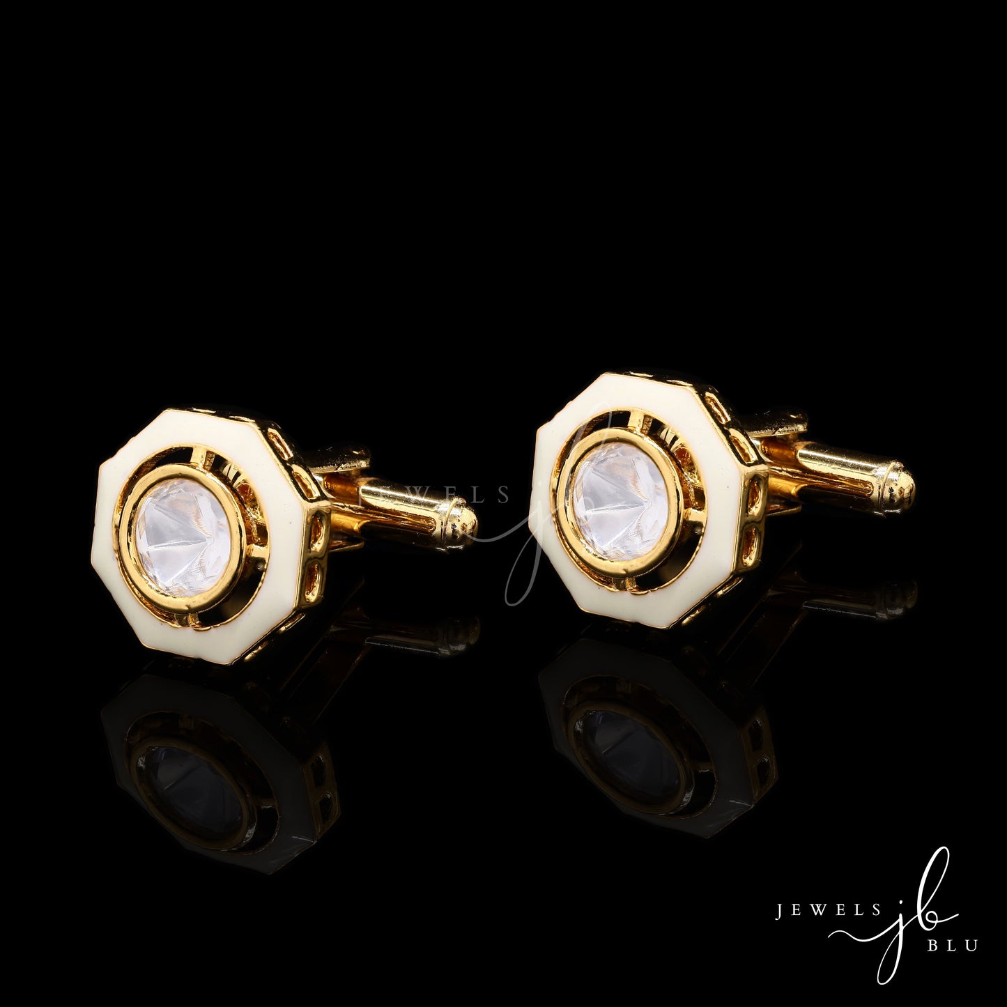 Pearl White Enamel Bezel Setting Polki Diamond Mens Cuff Link