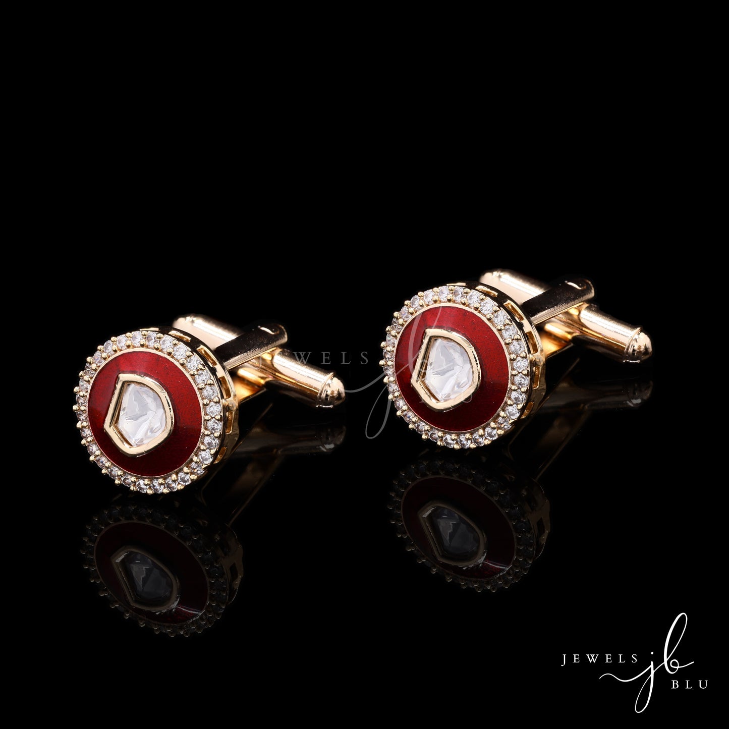Glazed Red Enamel Gold Finish Polki Diamond Mens Cuff Link with Diamond Cluster