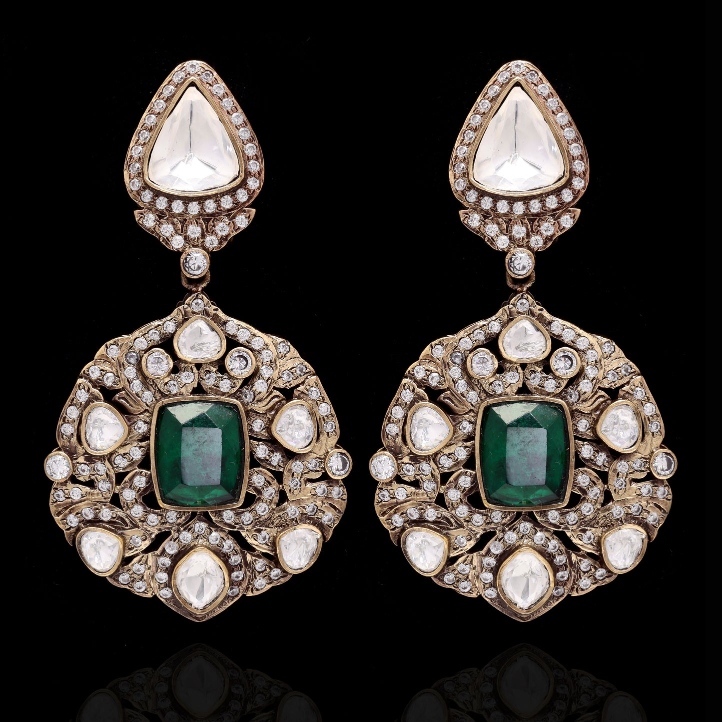 Antique Finish Polki and Emerald Statement Dulari Bridal Necklace Set with Earrings