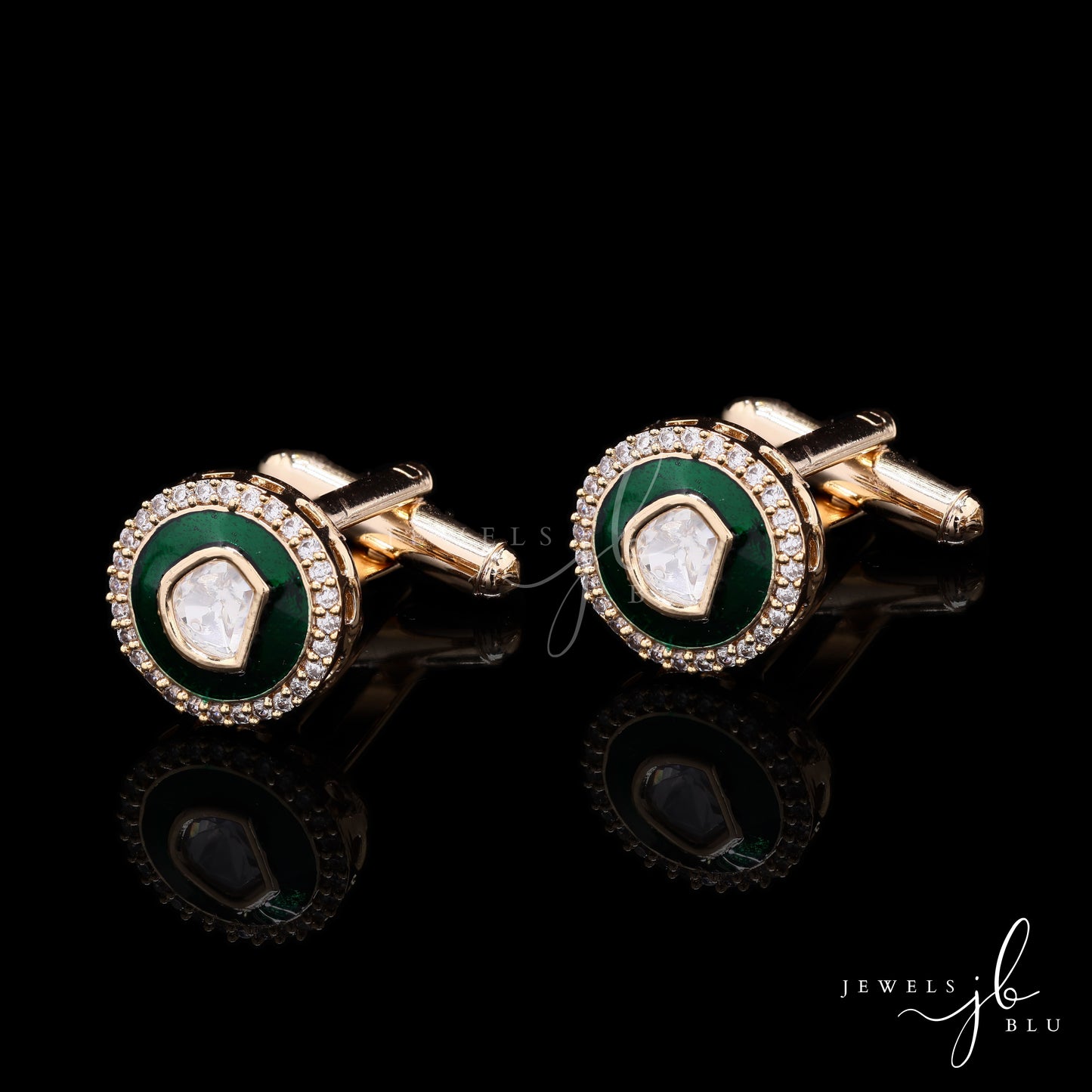 Glazed Green Enamel Gold Finish Polki Mens Cuff Link Pair with Cluster Diamonds