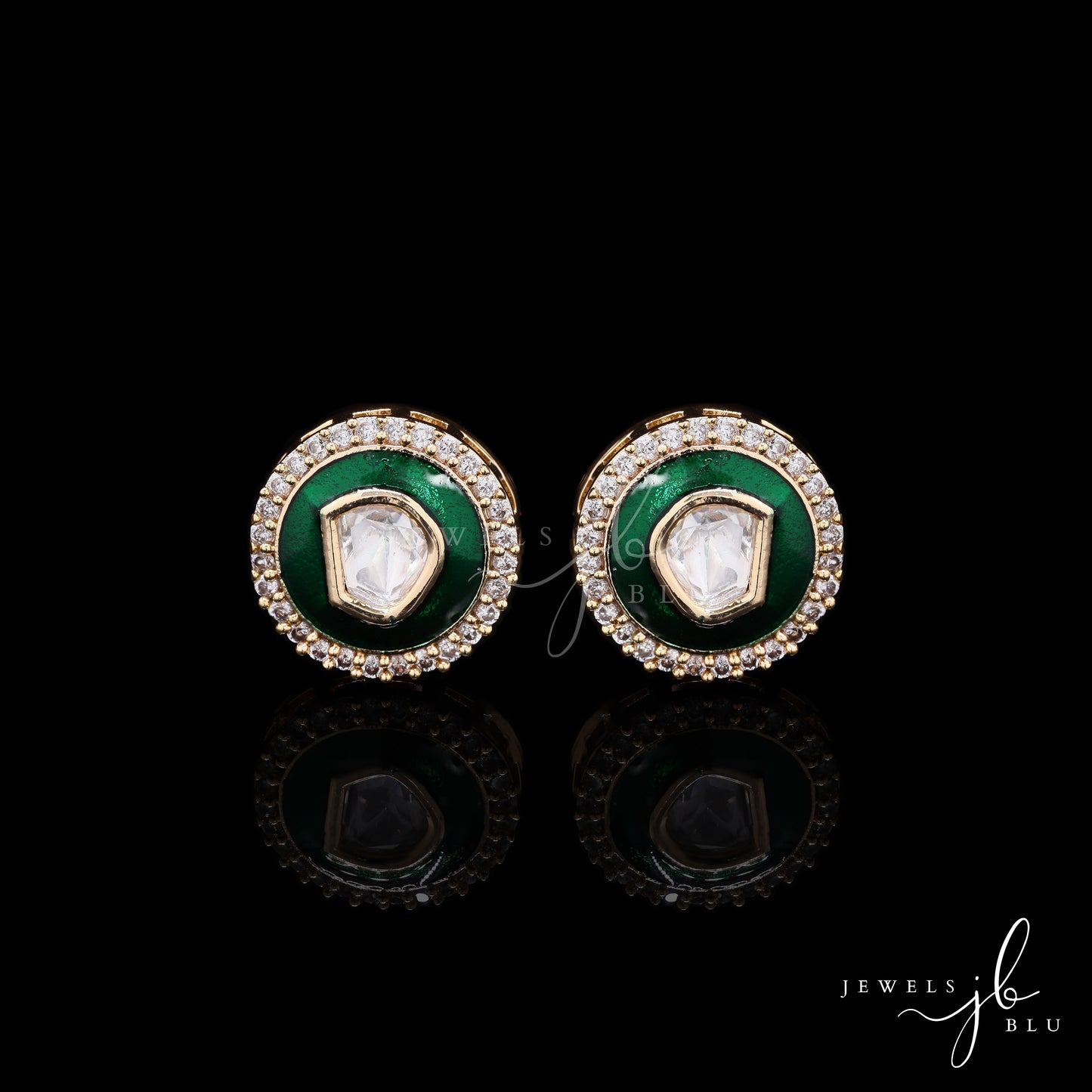 Glazed Green Enamel Gold Finish Polki Mens Cuff Link Pair with Cluster Diamonds