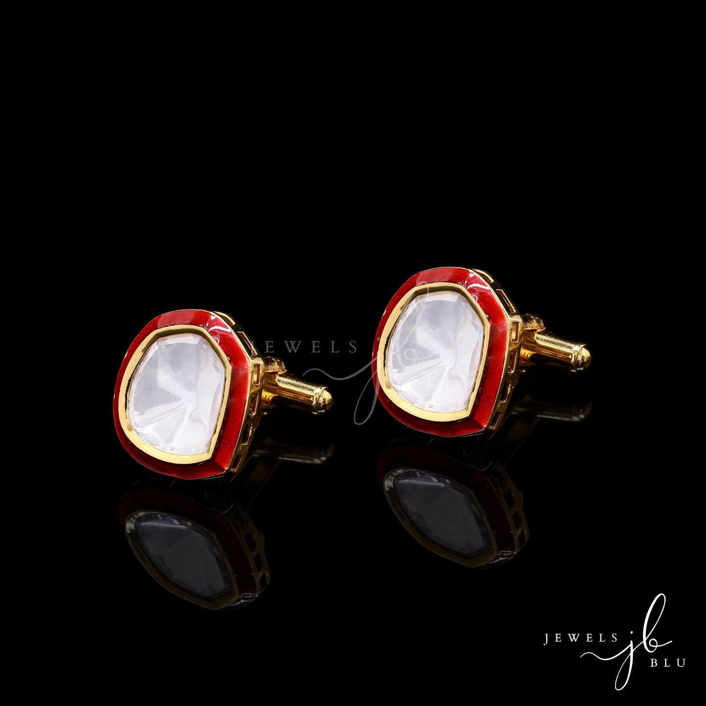 Glazed Red Enamel Gold Finish Polki Diamond Mens Cuff Link Pair