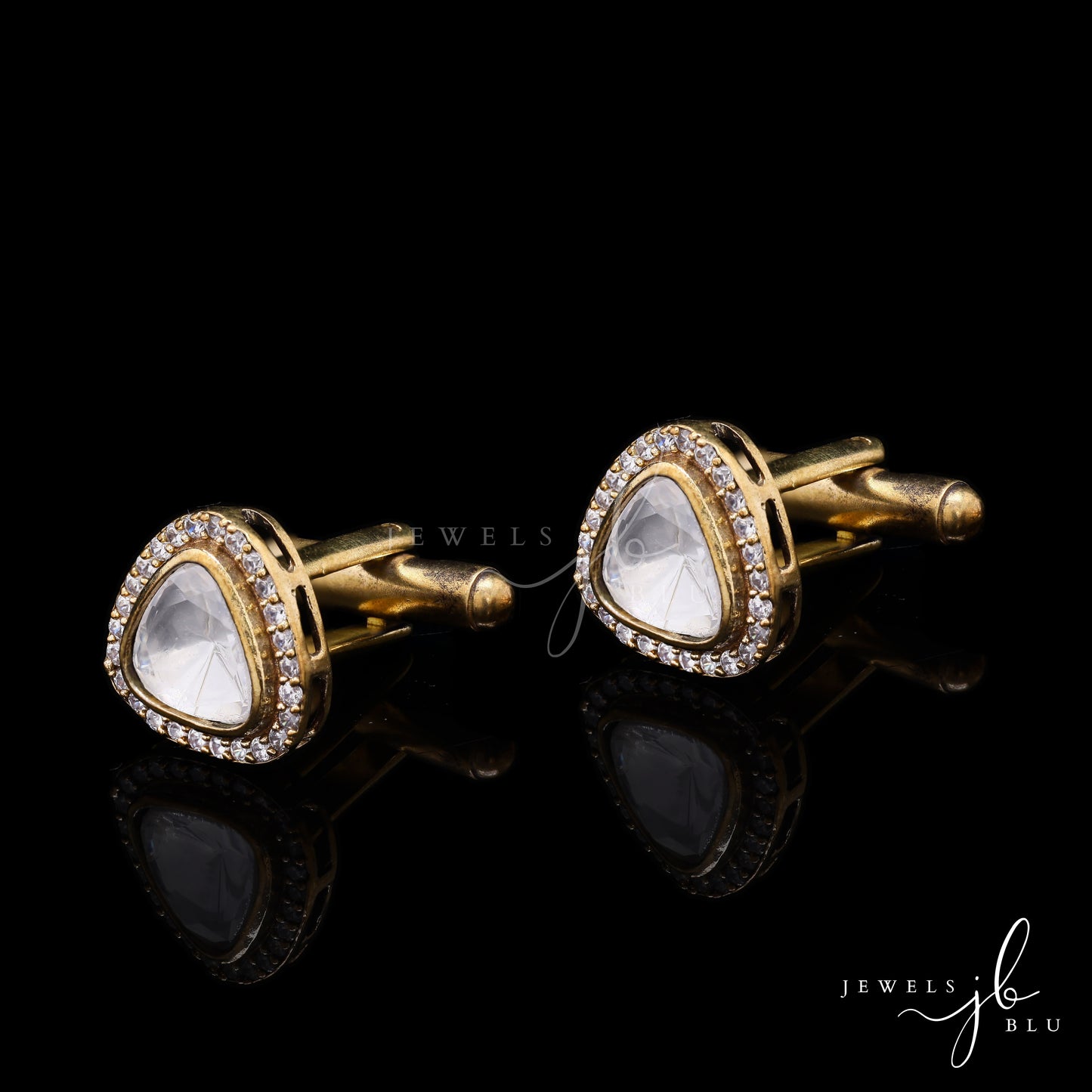 Victorian Gold Finish Trillion Polki Mens Cuff Link Pair