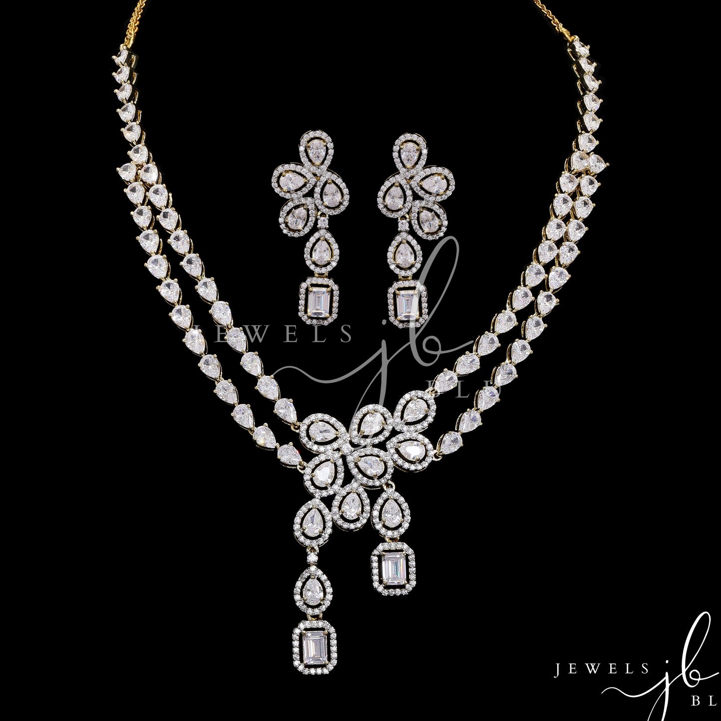 Gold Finish Samara Premium Dual Solitaire Statement Necklace Set