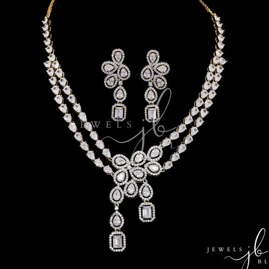 Gold Finish Samara  Premium Dual Solitaire Statement Necklace Set