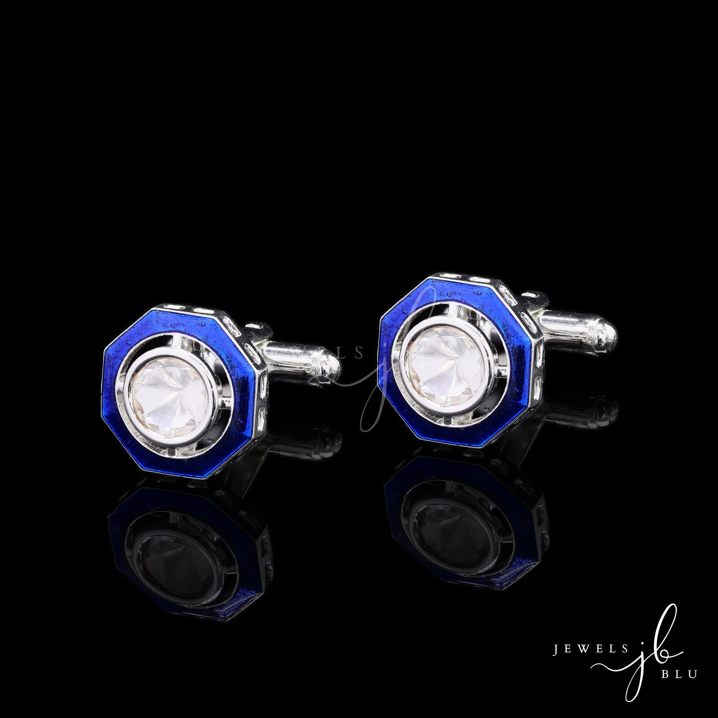 Glazed Blue Enamel Bezel Setting Polki Mens Cuff Link Pair