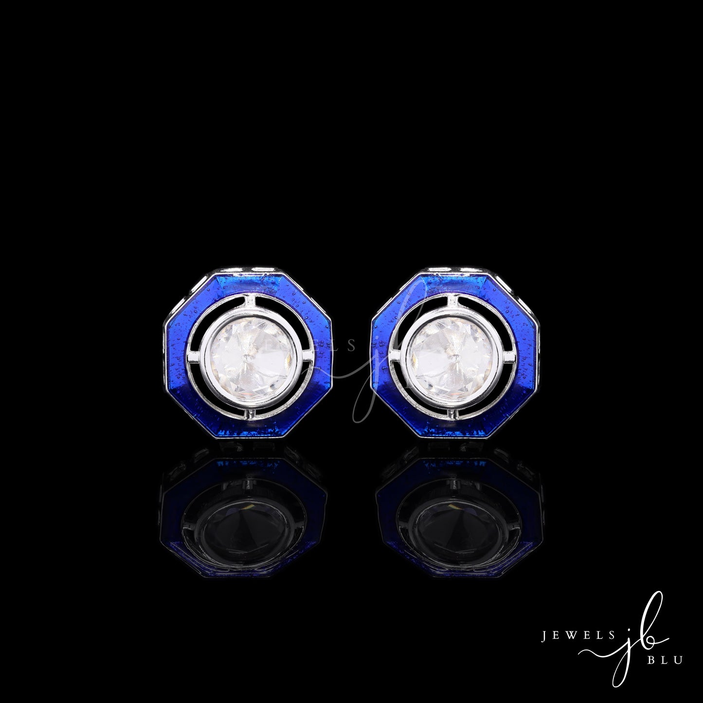 Glazed Blue Enamel Bezel Setting Polki Mens Cuff Link Pair