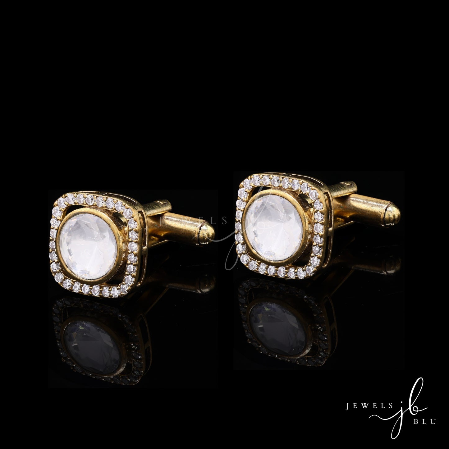 Gold Finish Square Halo Polki Cuff Link Pair for Men