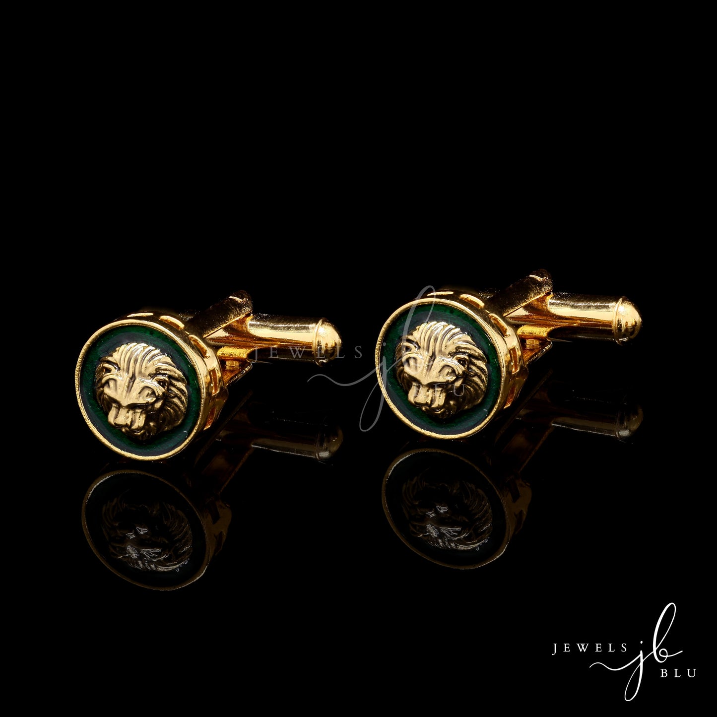 Green Enamel Lion Face Gold Finish Mens Cuff Link Pair