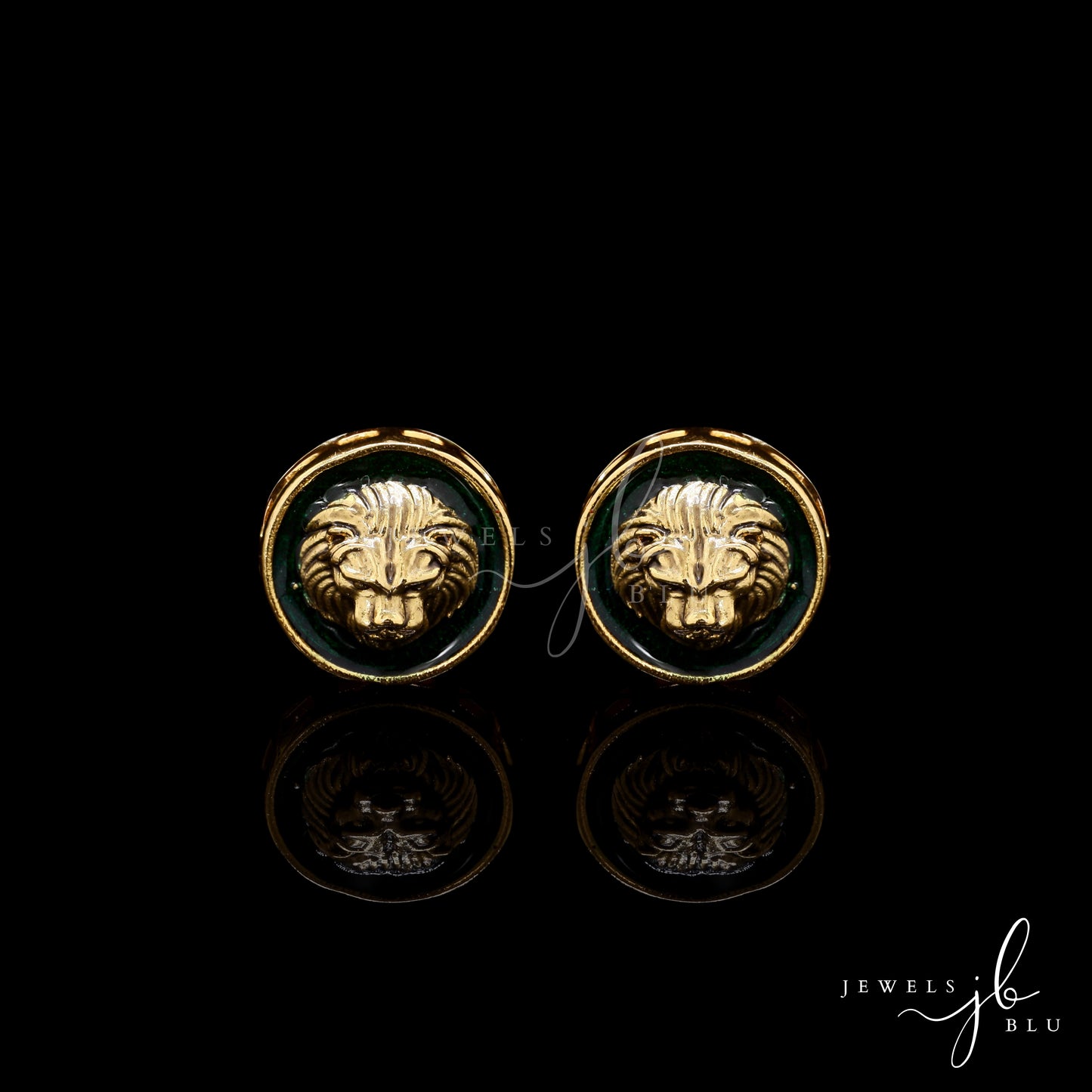 Green Enamel Lion Face Gold Finish Mens Cuff Link Pair