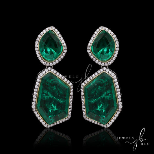 Hydro Emerald Natural Cut Girija Party Earrings with Back Diamond Handwork