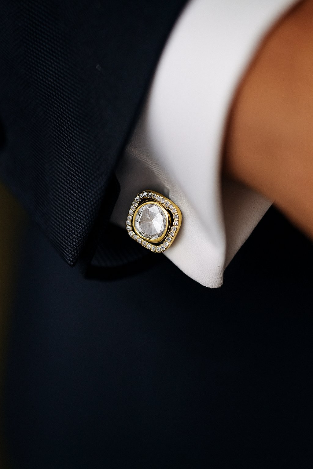 Gold Finish Square Halo Polki Cuff Link Pair for Men