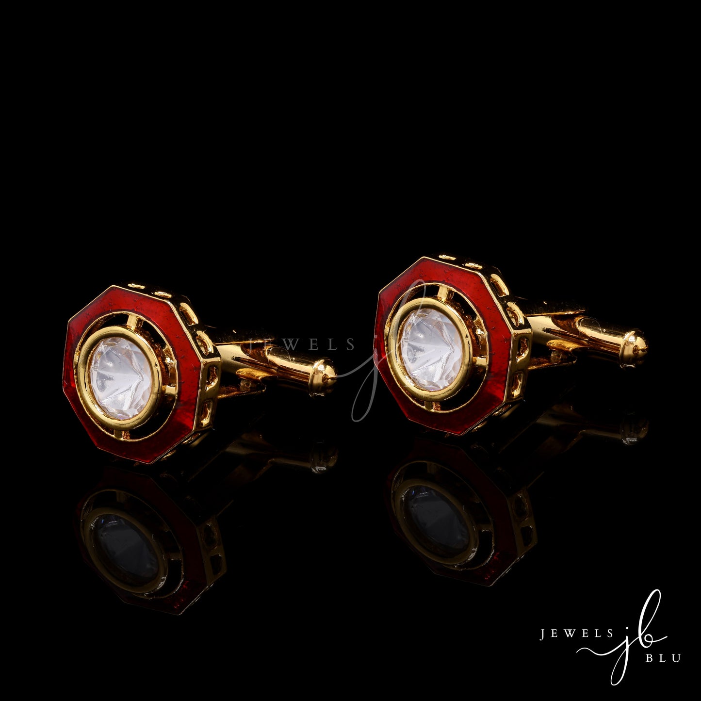Red Enamel Bezel Setting Polki Diamond Mens Cuff Link Pair
