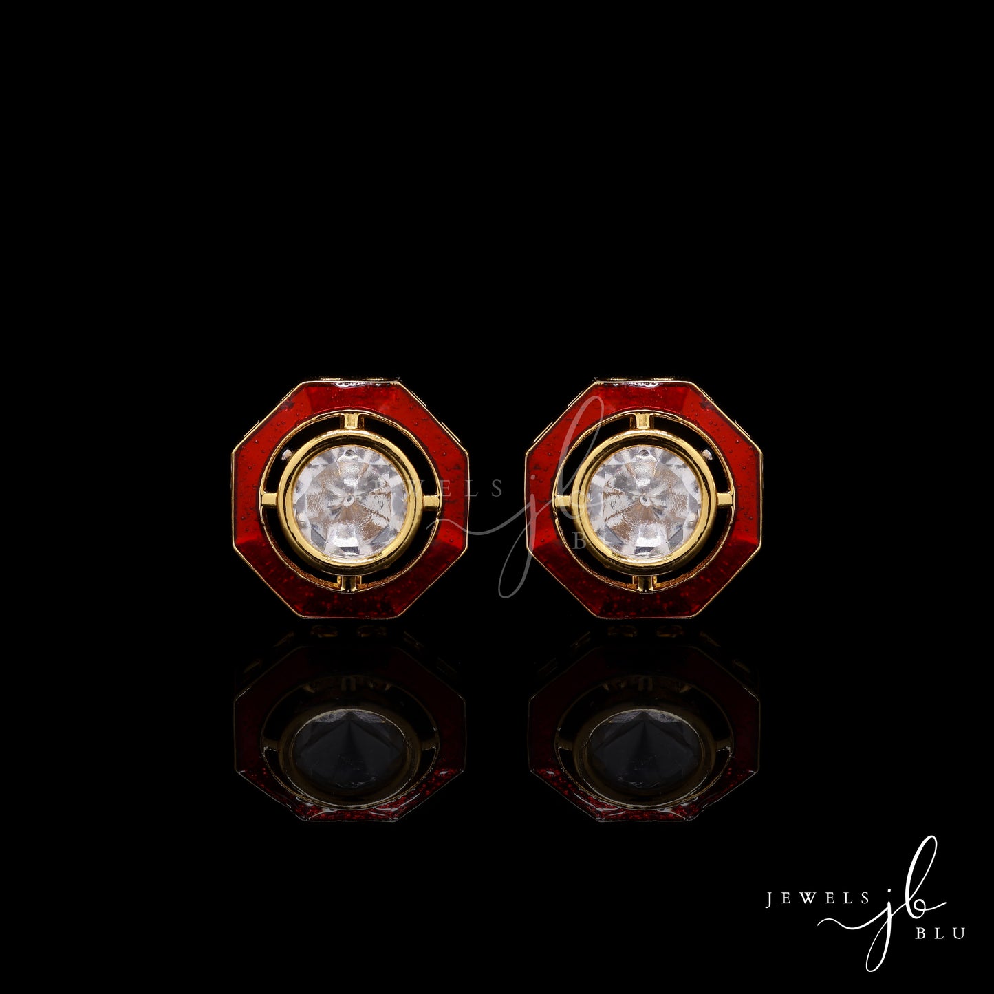 Red Enamel Bezel Setting Polki Diamond Mens Cuff Link Pair