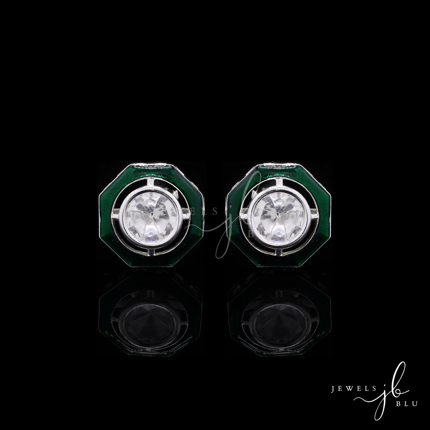Green Enamel Bezel Setting Diamond White Gold Finish Mens Cuff Links