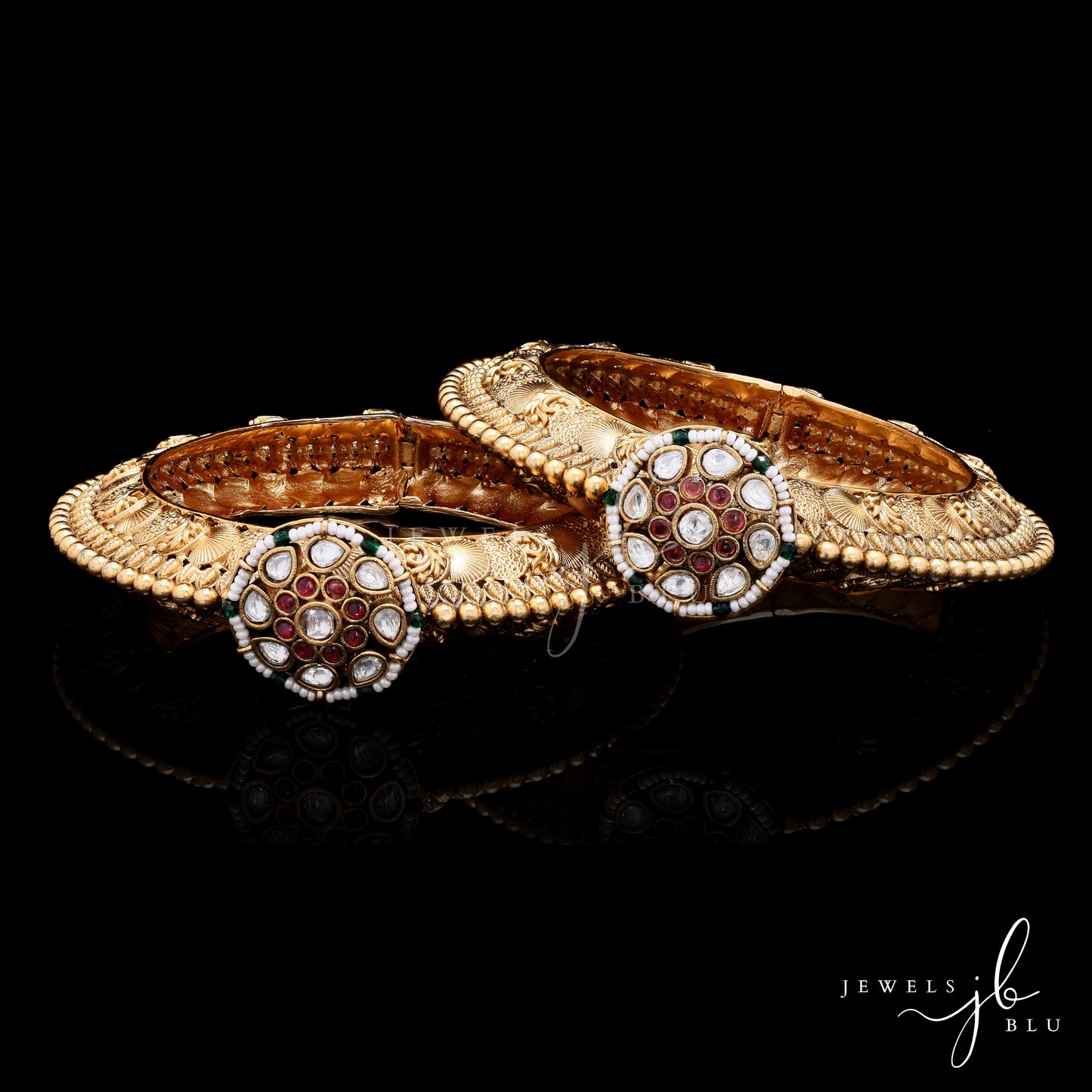 Handcrafted Antique Gold Finish Traditional Openable Kada Bangle with Polki Floral Detailing ( Pair of Two Kadas )