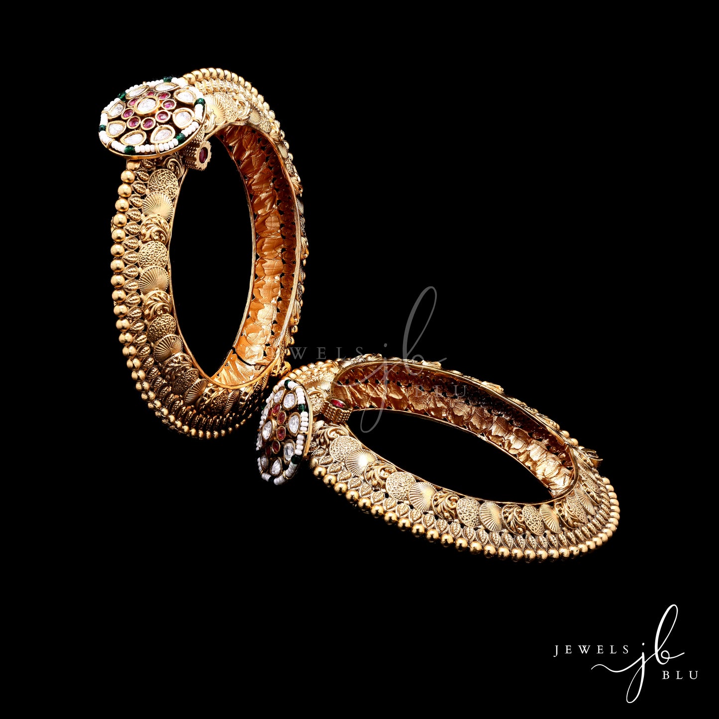 Handcrafted Antique Gold Finish Traditional Openable Kada Bangle with Polki Floral Detailing ( Pair of Two Kadas )