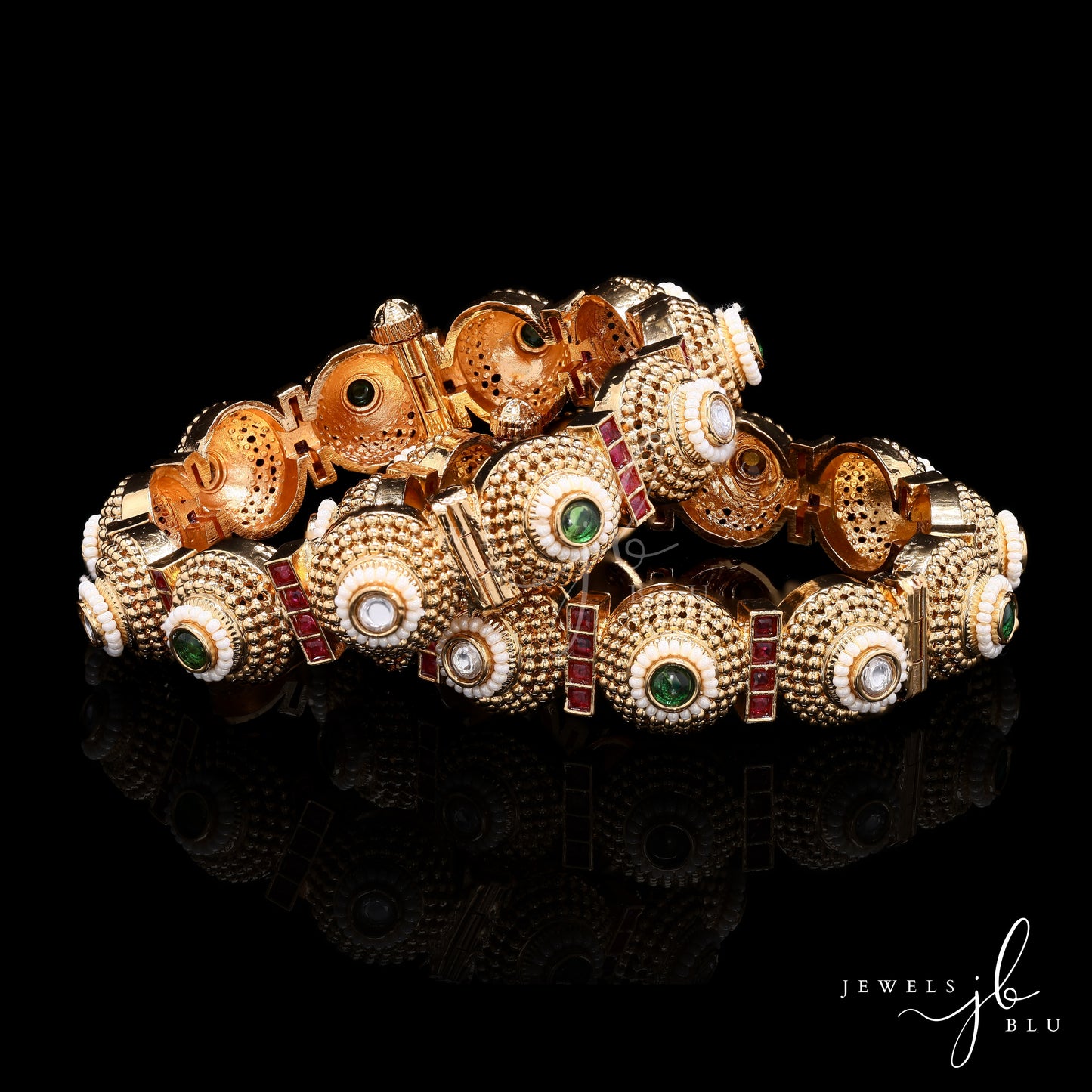 Adira Traditional Polki and Pearl Openable Kada Bangle ( Pair of Two Bangles )