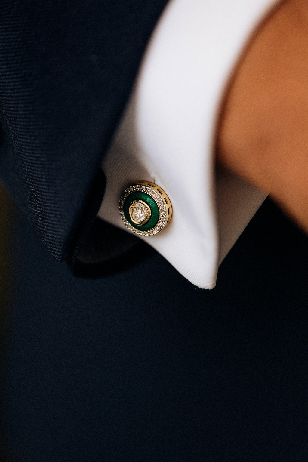 Glazed Green Enamel Gold Finish Polki Mens Cuff Link Pair with Cluster Diamonds