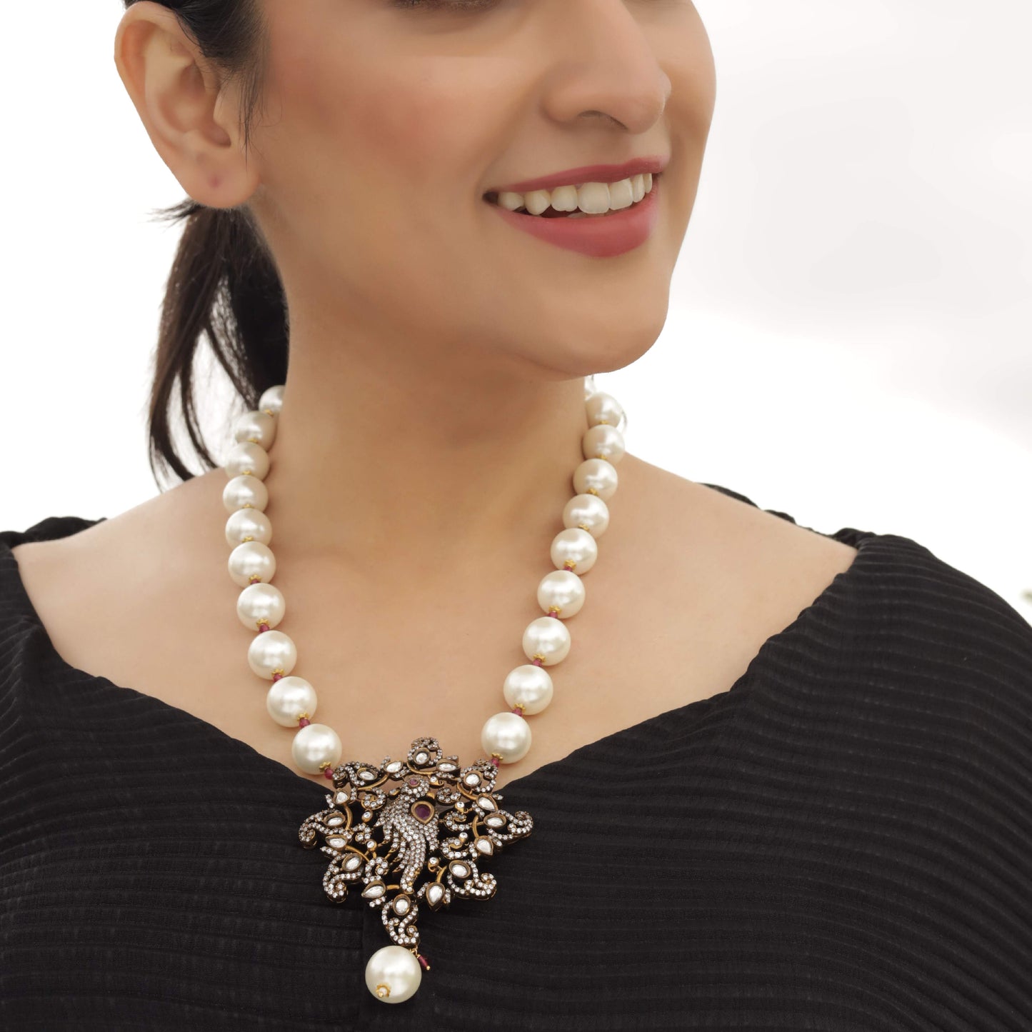 White Pearl Antique Finished Peacock Pendant Long Necklace
