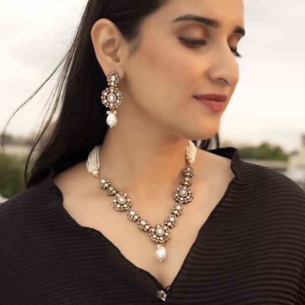 Antique Finish Pearl Beading Necklace Set