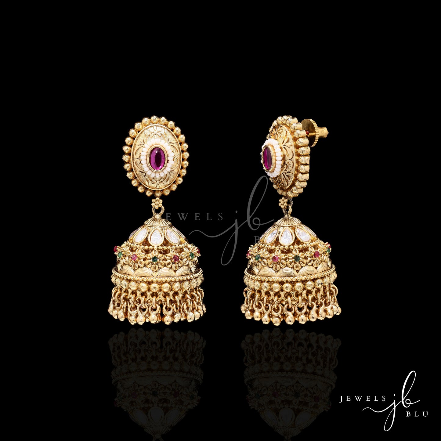 Festive Exclusive Gold Finish Gayatri Jhumkis with Ruby and Emerald Detailing