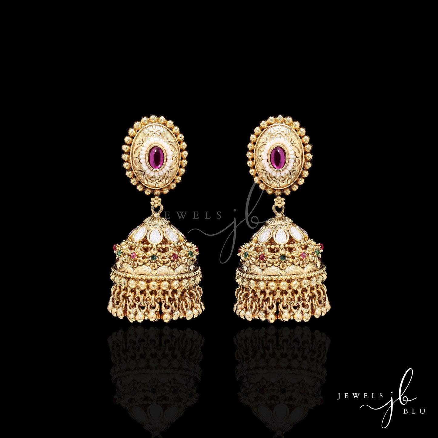 Festive Exclusive Gold Finish Gayatri Jhumkis with Ruby and Emerald Detailing