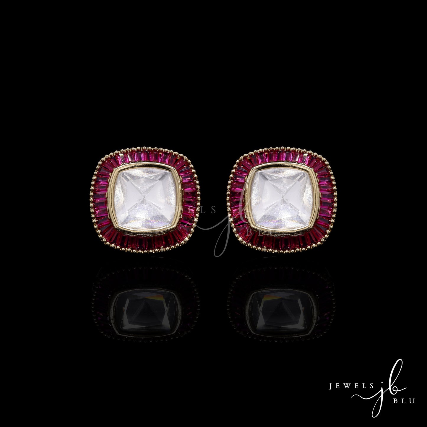Classic Polki and Baguette Ruby Jigyasa Studs in Antique Gold Finish