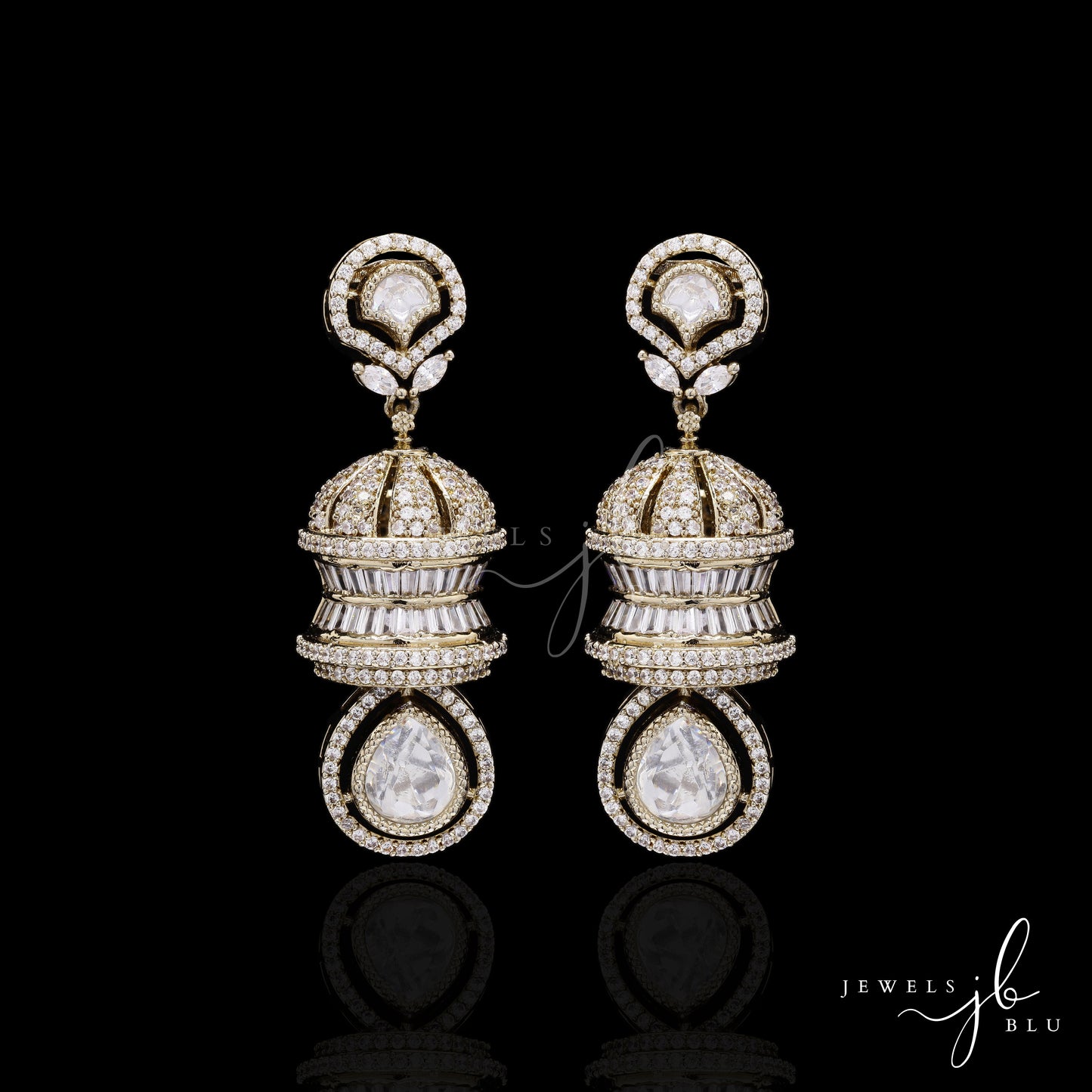 Festive Exclusive Antique Gold Finish 3 Layered Premium Moissanite Polki Jhumki Earrings