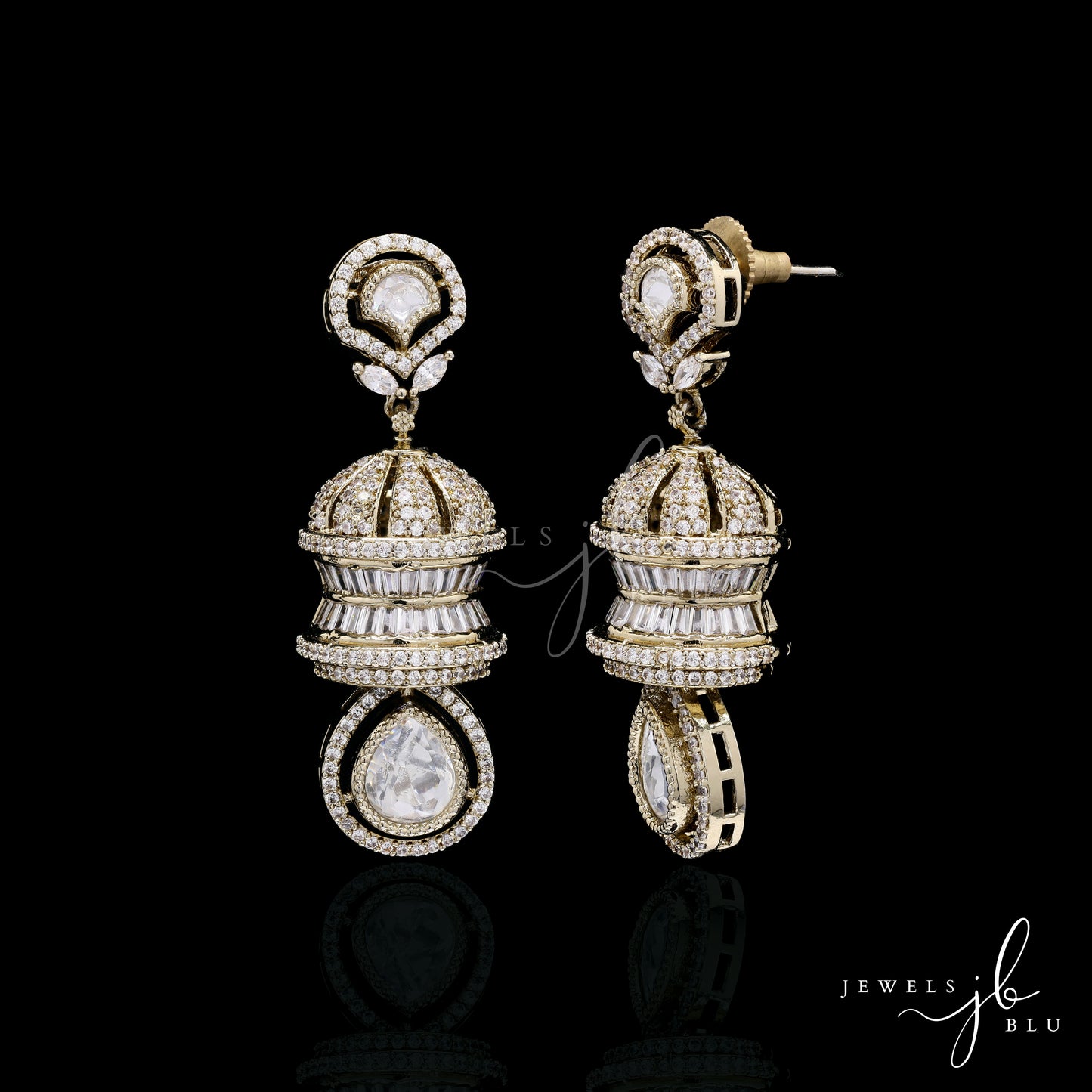 Festive Exclusive Antique Gold Finish 3 Layered Premium Moissanite Polki Jhumki Earrings