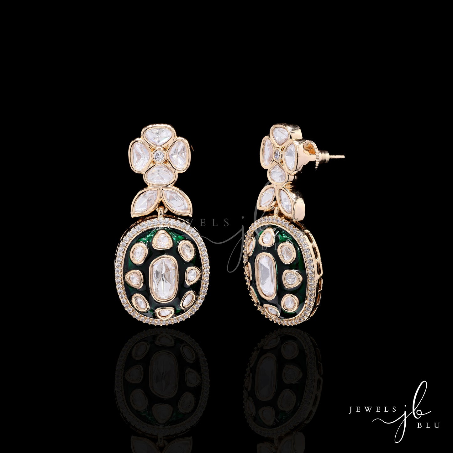 Festive Exclusive Gold Finish Green Enamel Moissanite Polki Earrings