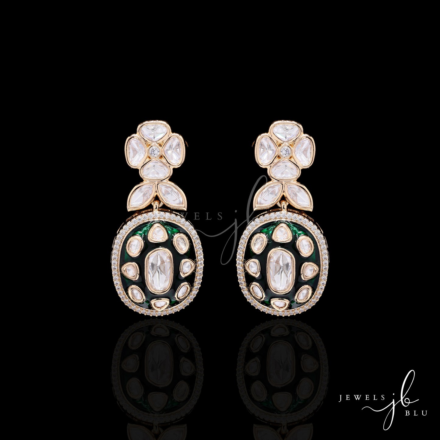 Festive Exclusive Gold Finish Green Enamel Moissanite Polki Earrings