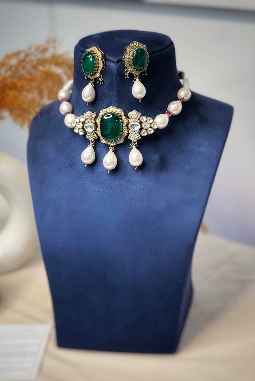 Emerald and Pearl Hydari Polki Bridal Choker