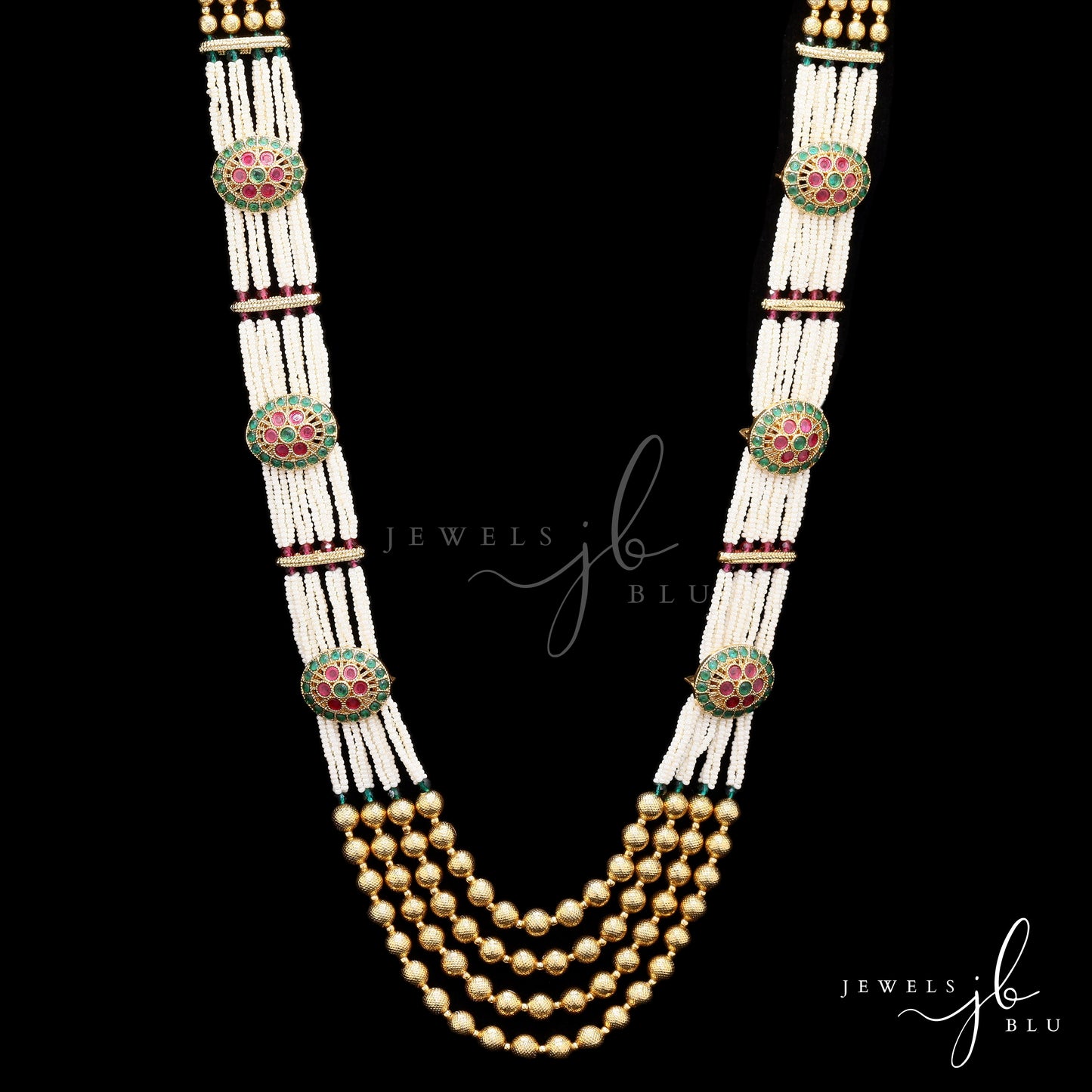 Festive Exclusive 4 Layer Antique Gold Finish Moti Ghungroo Layered Necklace Set with Earrings