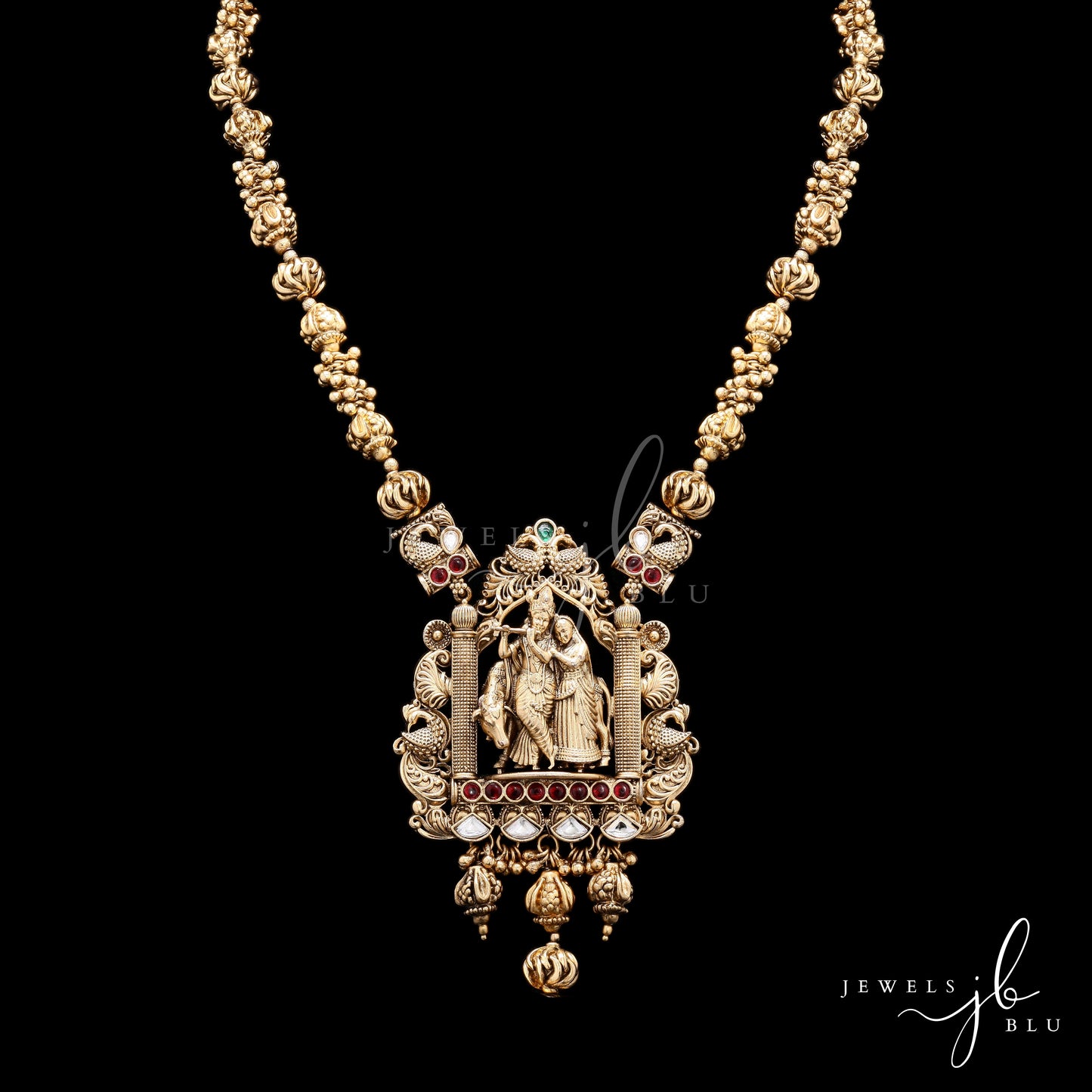Festive Exclusive Antique Gold Finish Radha Krishna Hand Carved Jharoka Necklace Set with Jhumkis
